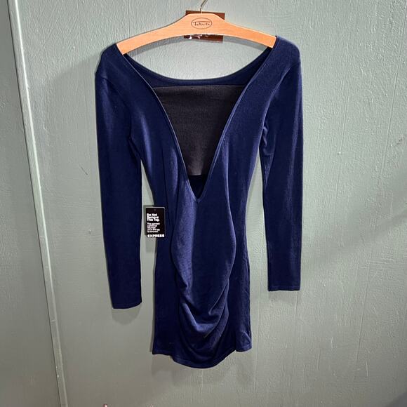 Express Navy Blue Long Sleeve Bodycon Dress Open Back Party Club NWT Size XS - Picture 3 of 8
